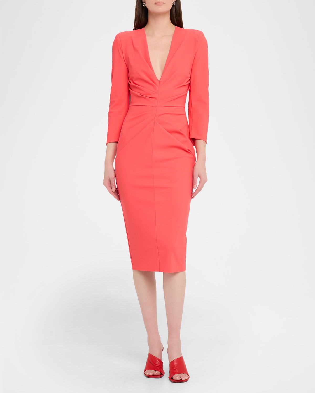 Chiara Boni La Petite Robe Azula Pleated Deep V-Neck Midi Sheath Dress