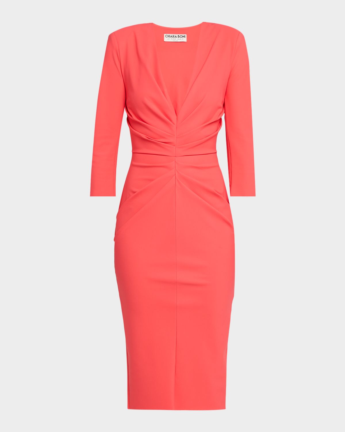 Chiara Boni La Petite Robe Azula Pleated Deep V-Neck Midi Sheath Dress