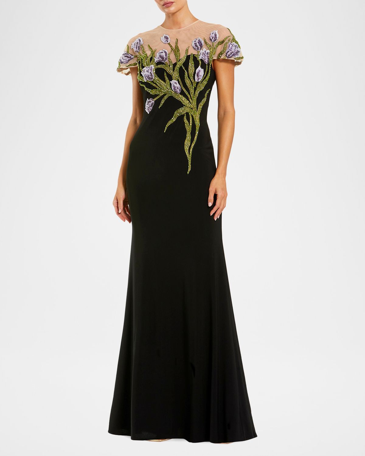 Mac Duggal Petite Floral-Embroidered Illusion-Neck Gown | Thumbnail 4