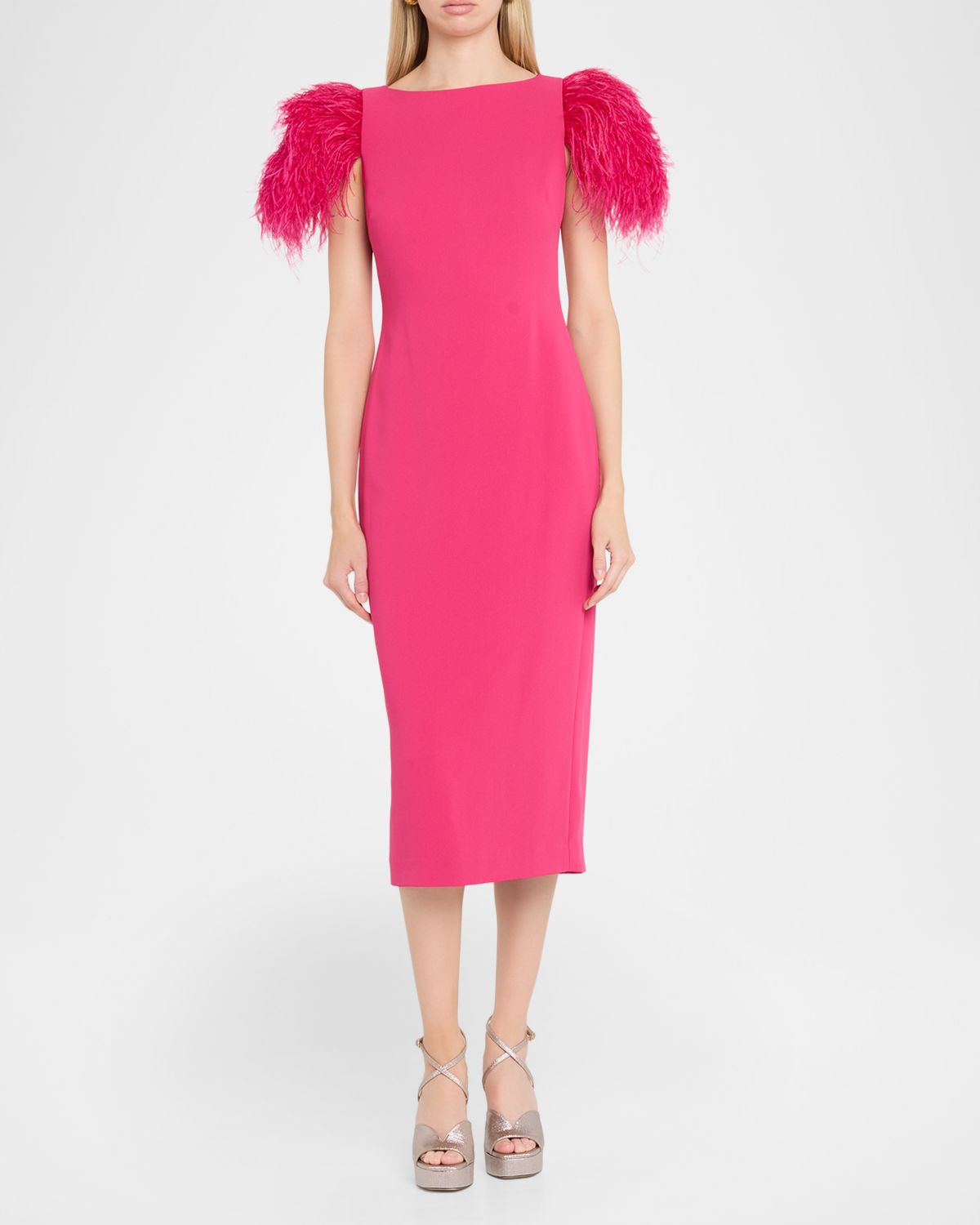 Badgley Mischka Feather-Sleeve Crepe Midi Sheath Dress