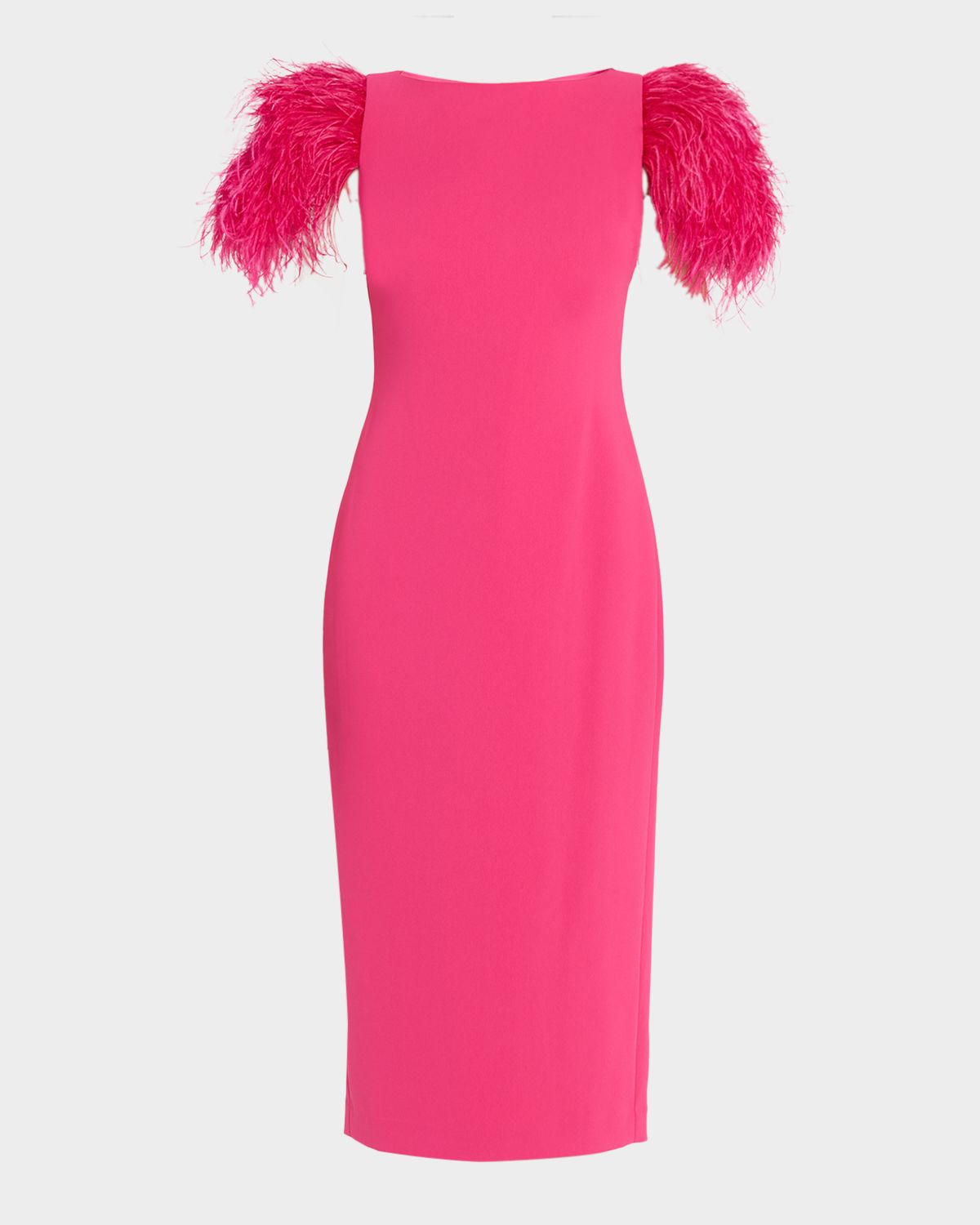 Badgley Mischka Feather-Sleeve Crepe Midi Sheath Dress