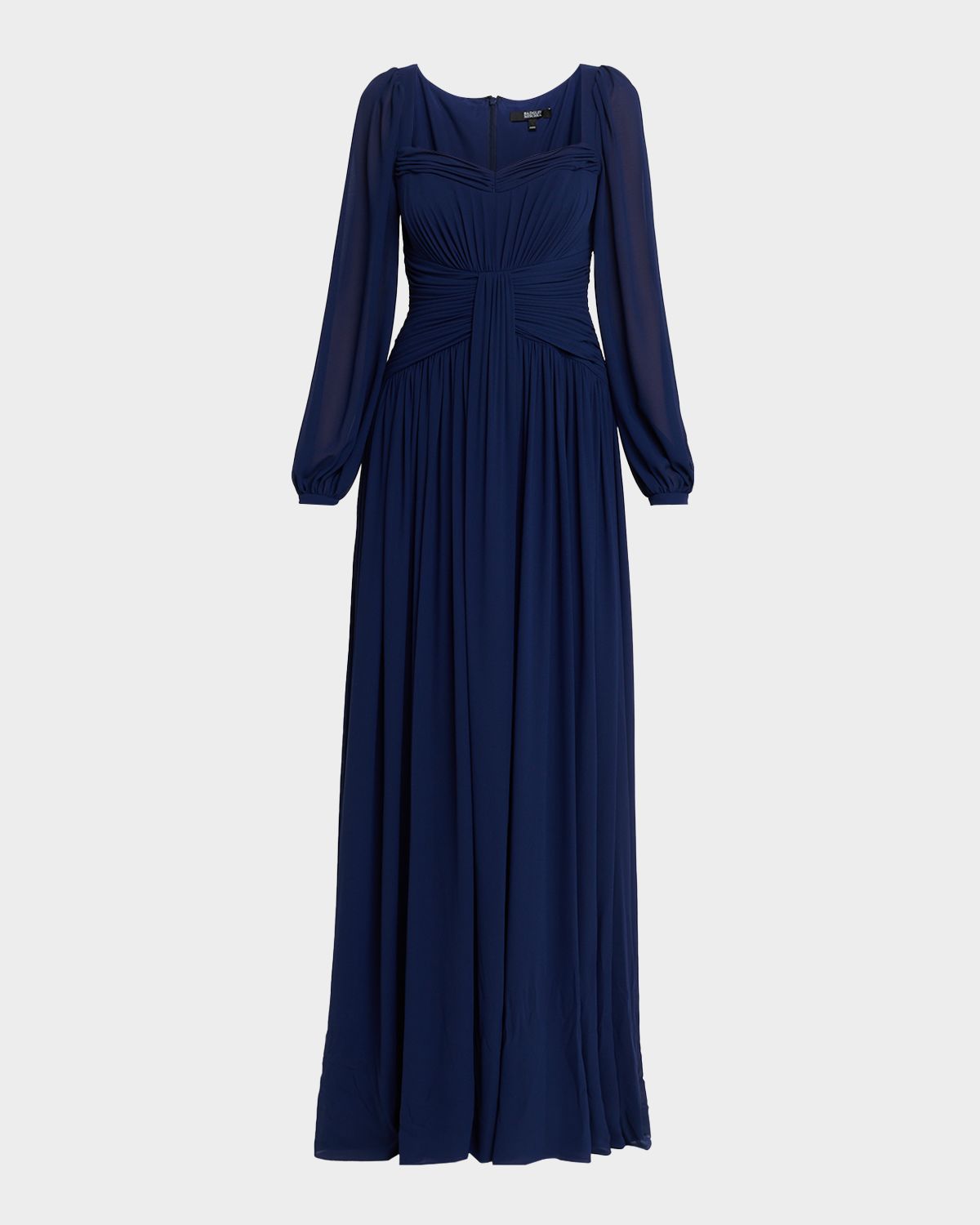 Badgley Mischka Draped Blouson-Sleeve Sweetheart Gown