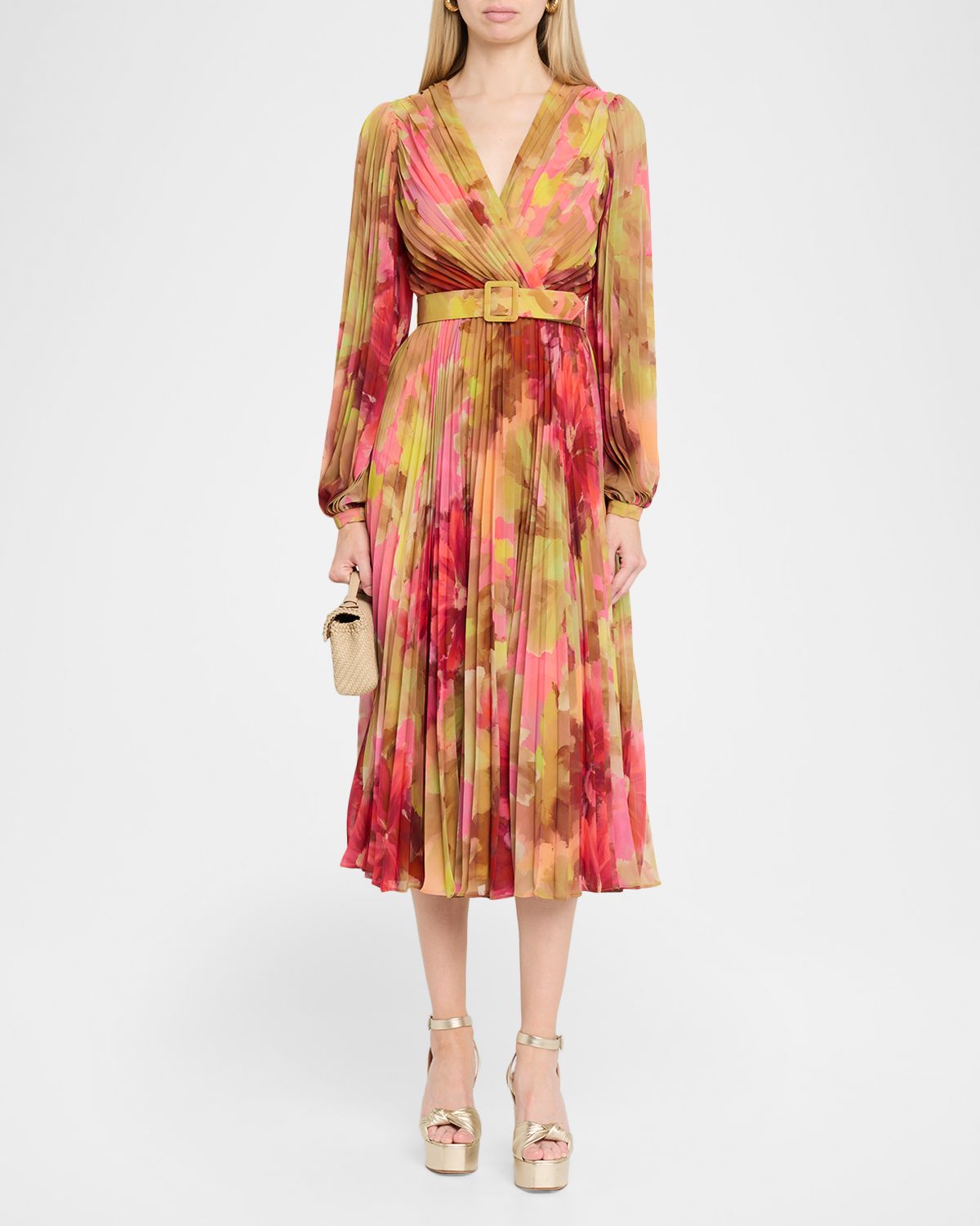 Badgley Mischka Pleated Floral-Print Georgette Midi Dress