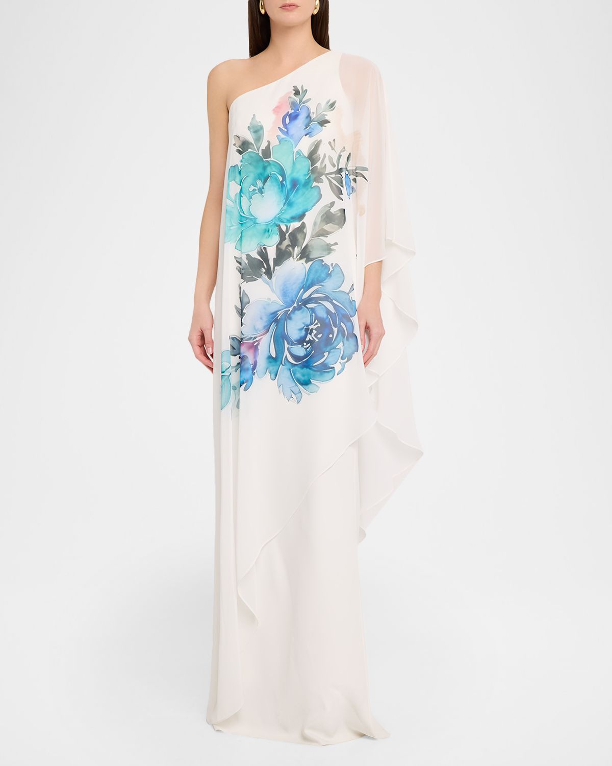 Rickie Freeman for Teri Jon One-Shoulder Chiffon Drape Column Gown