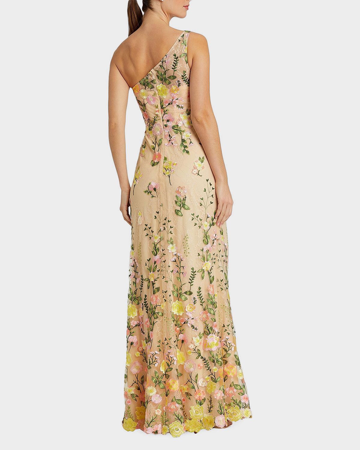 Mac Duggal One-Shoulder Floral Embroidered Gown