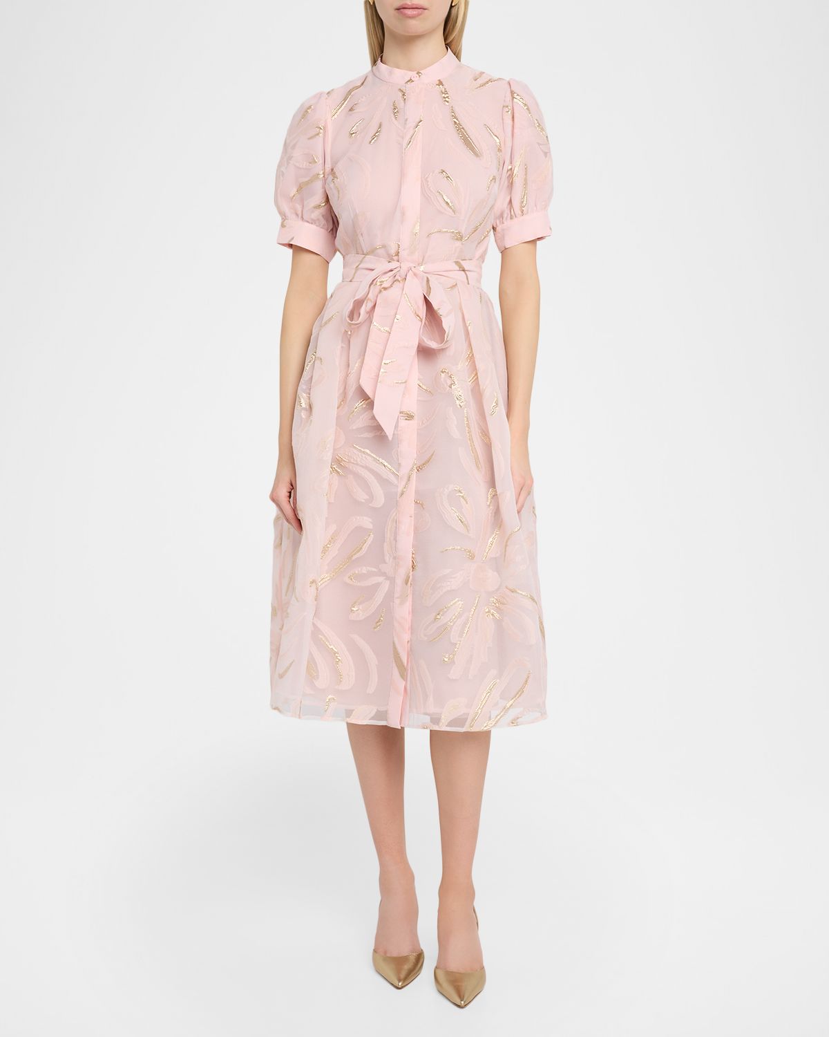 Rickie Freeman for Teri Jon Puff-Sleeve Metallic Organza Midi Dress