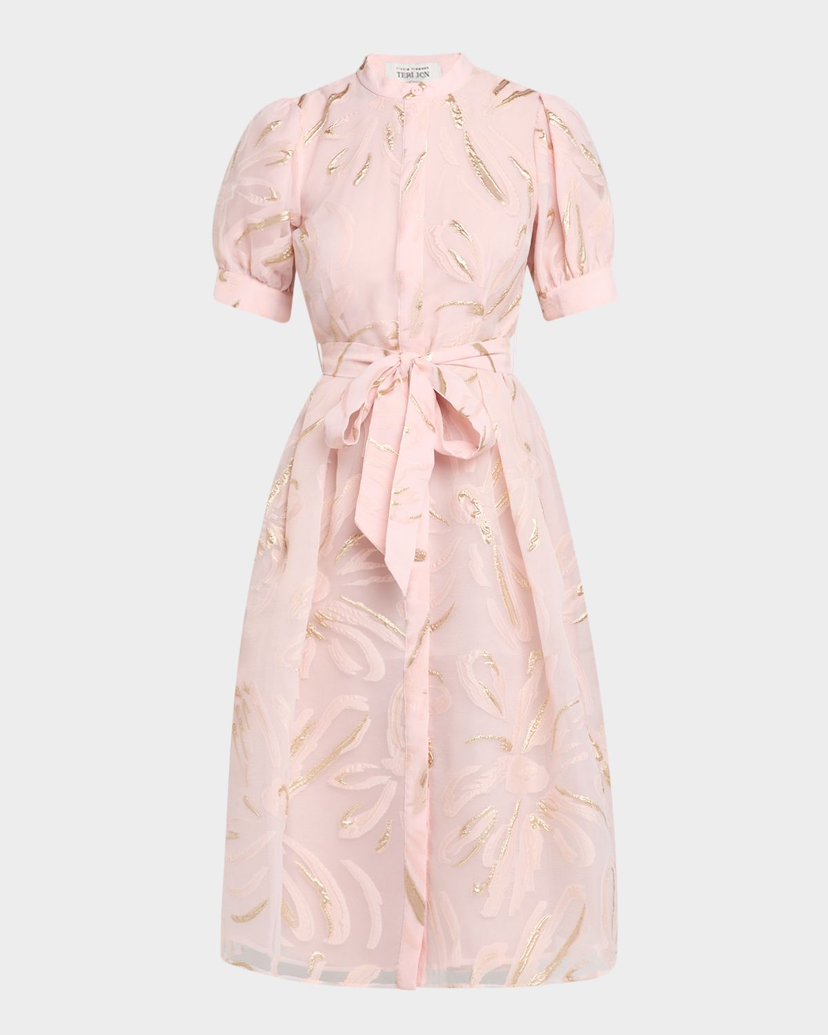 Rickie Freeman for Teri Jon Puff-Sleeve Metallic Organza Midi Dress