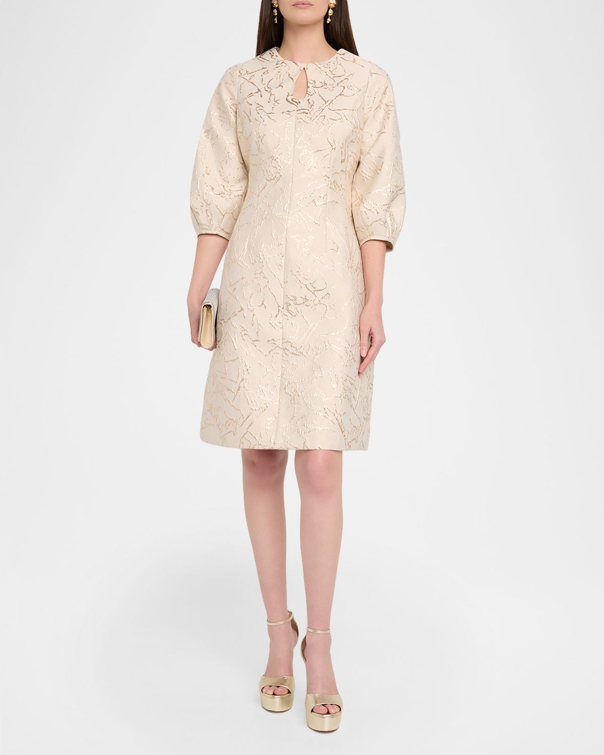 Rickie Freeman for Teri Jon Cutout Puff-Sleeve Metallic Jacquard Dress