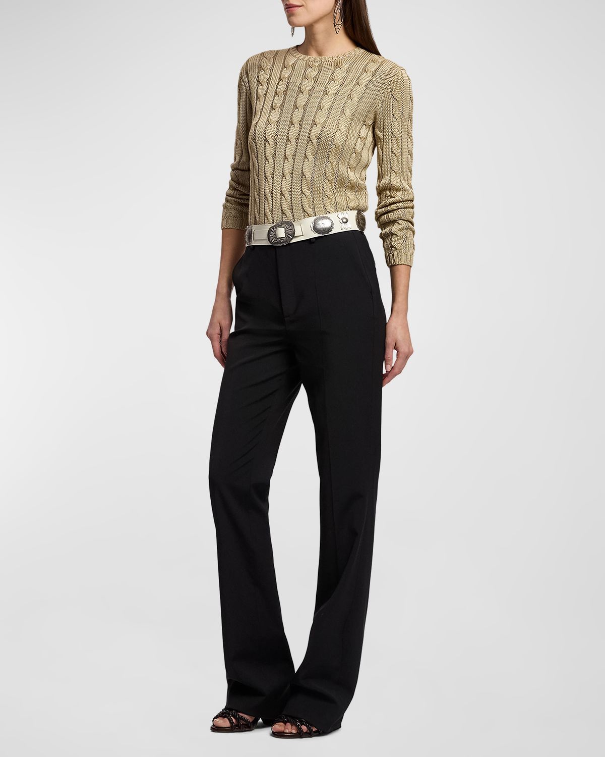 Ralph Lauren Collection High Shine Silk Cable-Knit Crewneck Sweater