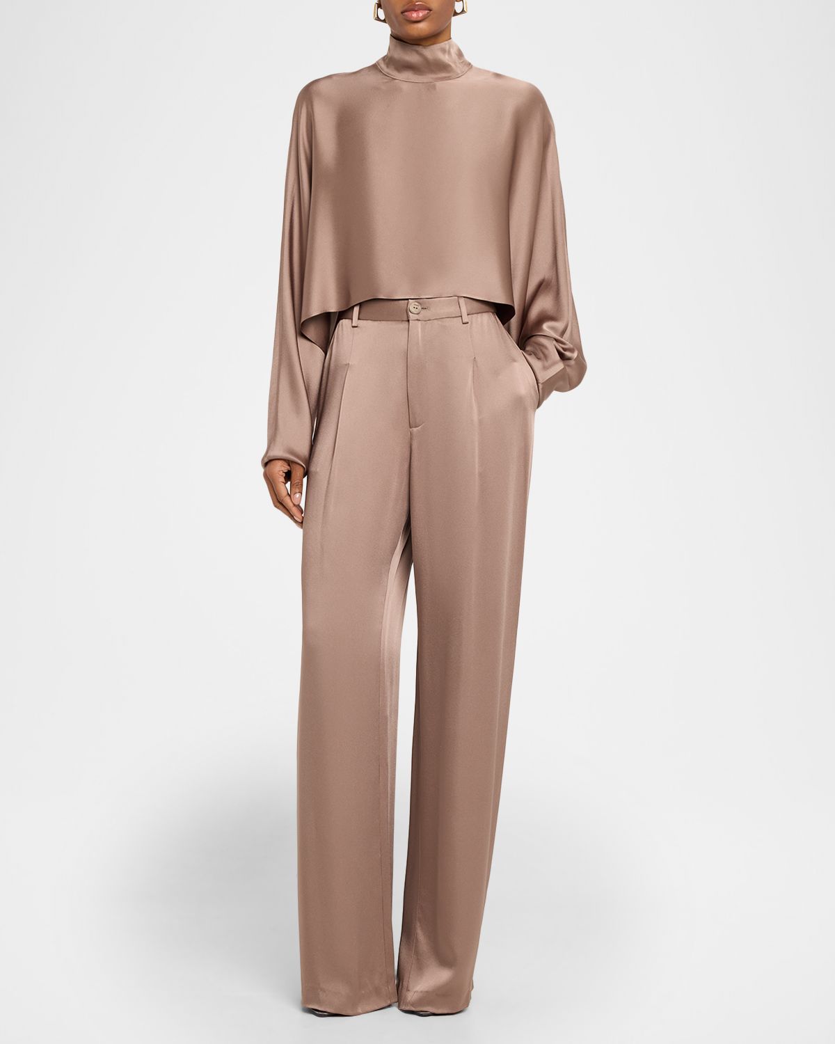 LAPOINTE Satin Long-Sleeve Caftan Crop Top