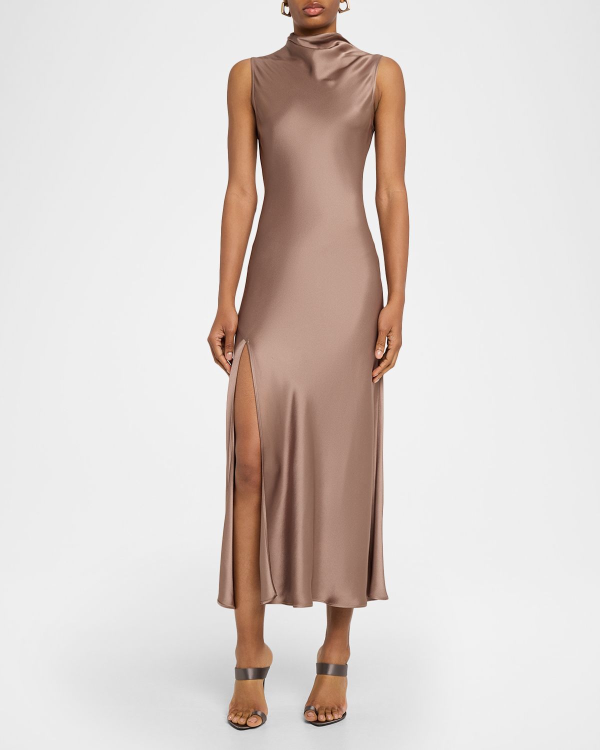 LAPOINTE Sleeveless Draped-Neck Satin Slit Midi Dress