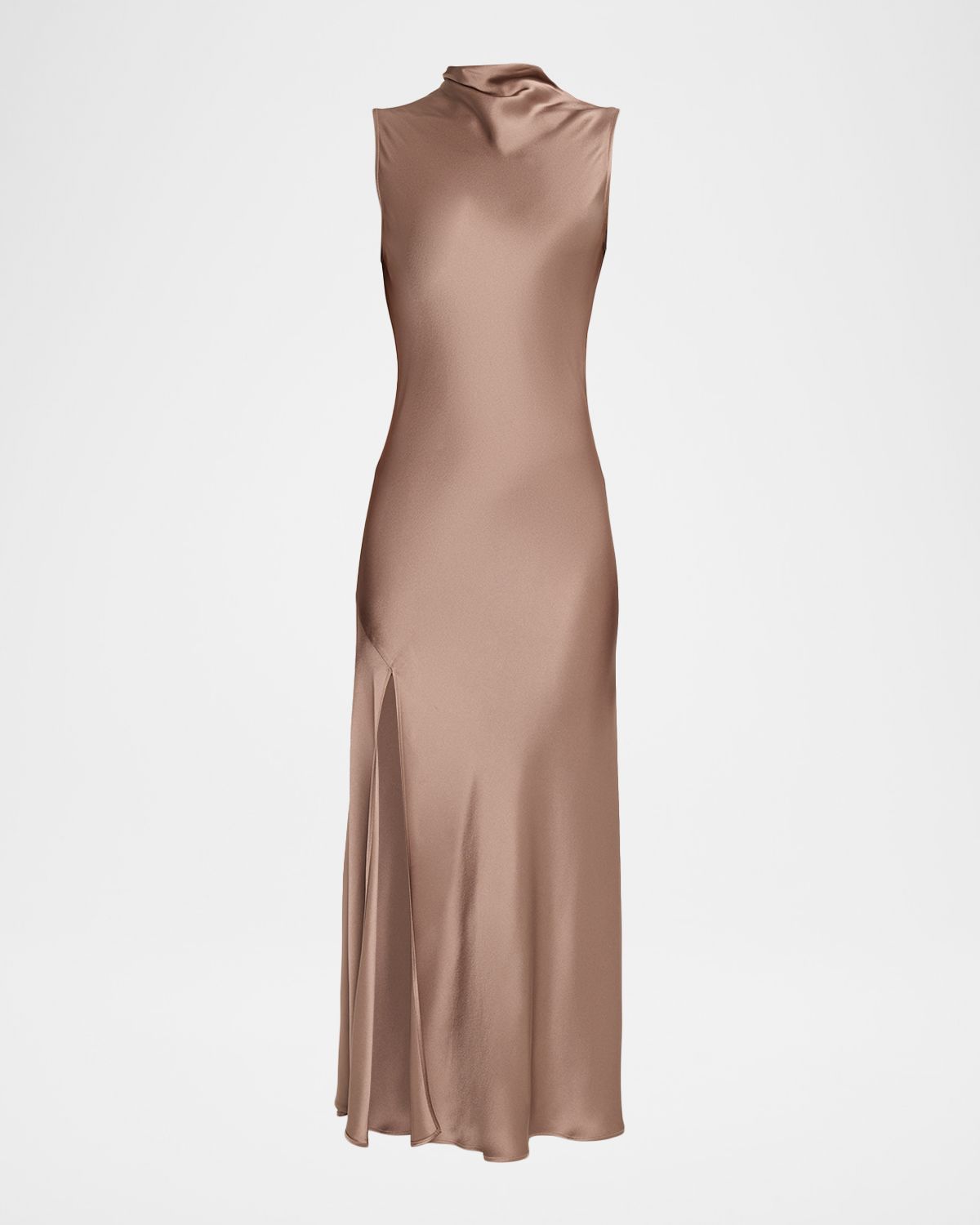 LAPOINTE Sleeveless Draped-Neck Satin Slit Midi Dress