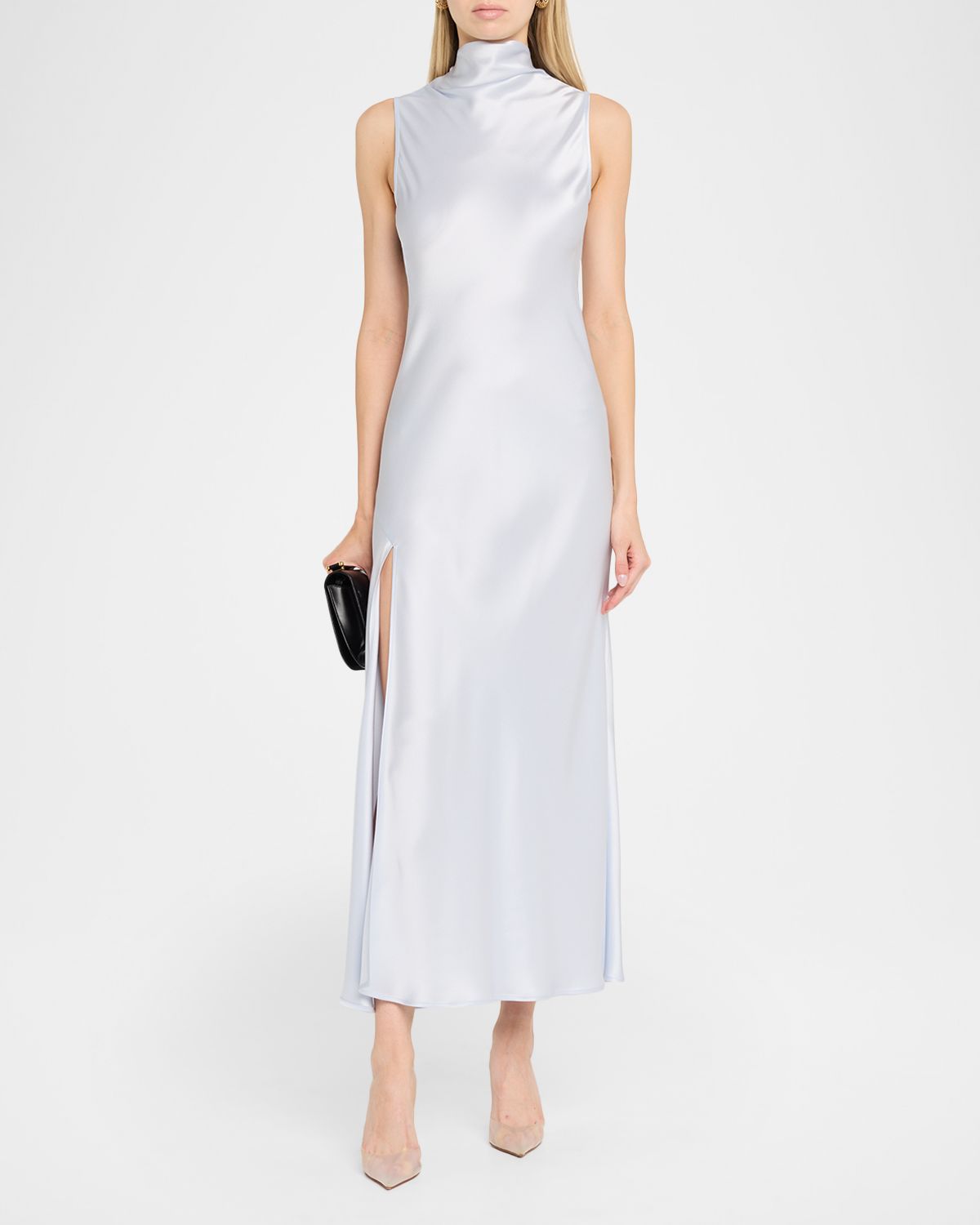 LAPOINTE Sleeveless Draped-Neck Satin Slit Midi Dress
