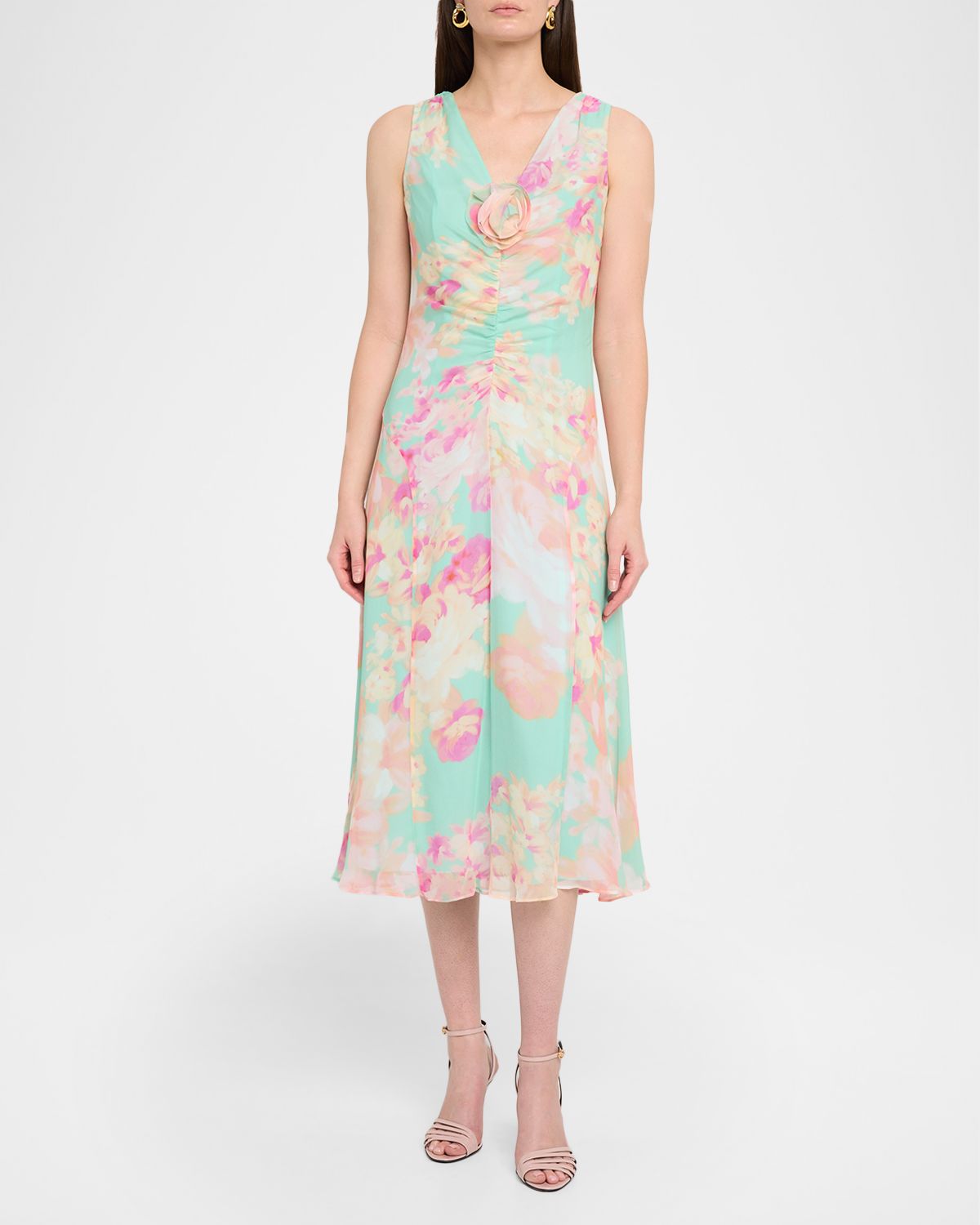 Rickie Freeman for Teri Jon Floral-Print Silk Chiffon Midi Dress