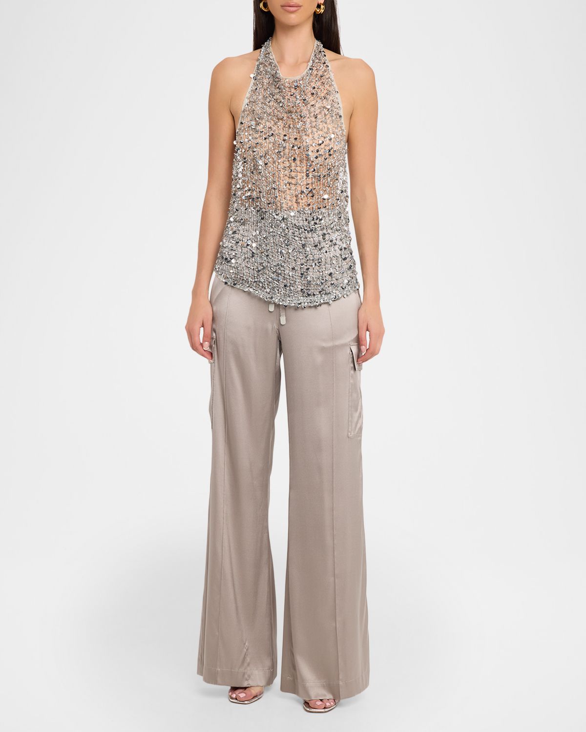 LAPOINTE Sequined Net Mesh Halter Top