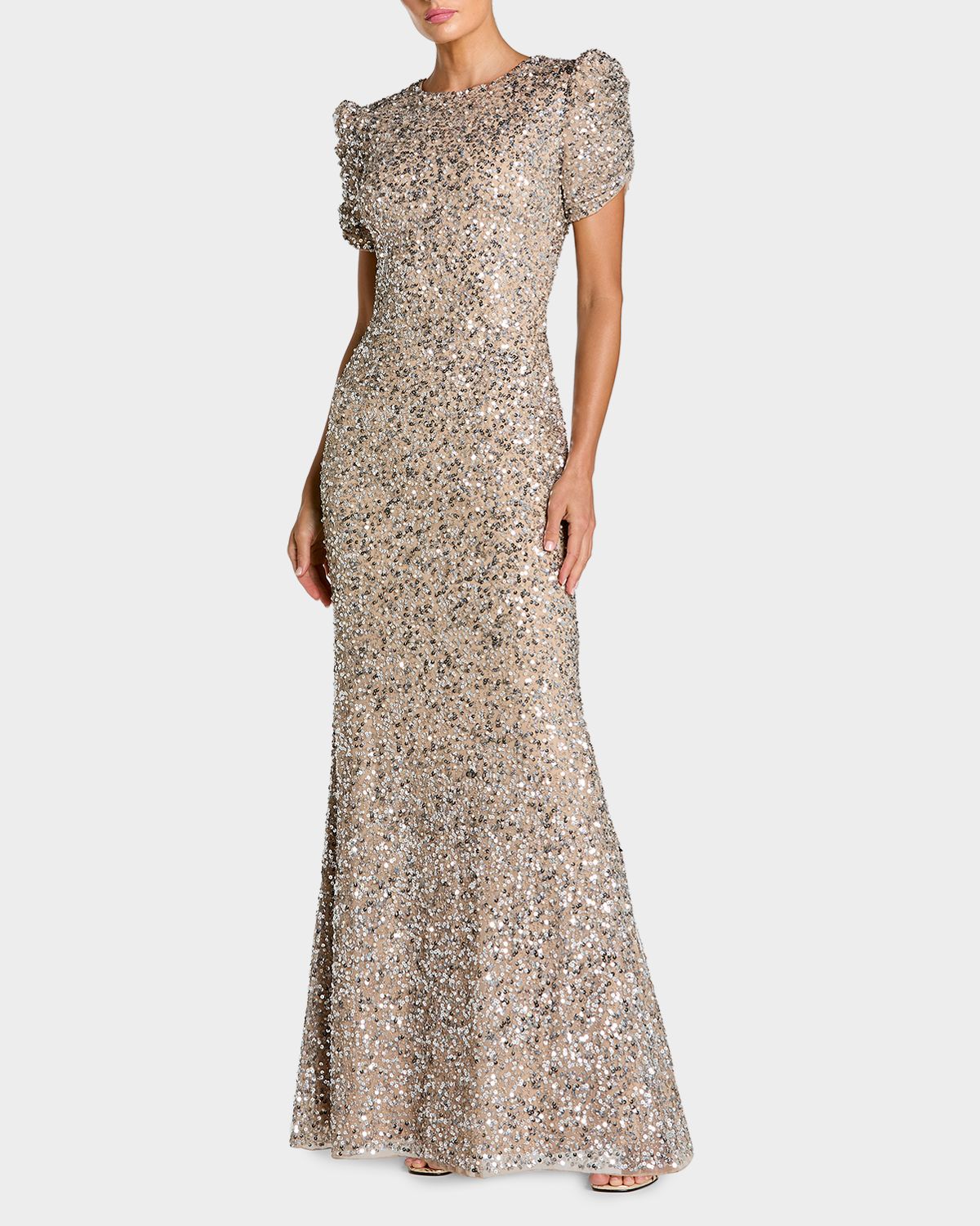 Mac Duggal Beaded Mesh Short-Sleeve Gown