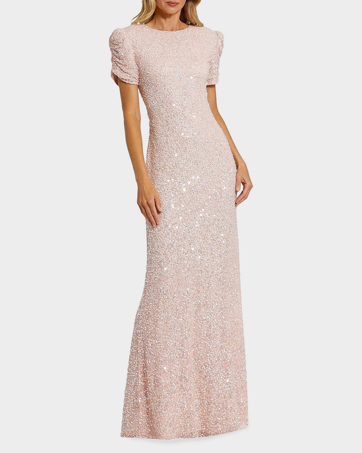 Mac Duggal Beaded Mesh Short-Sleeve Gown