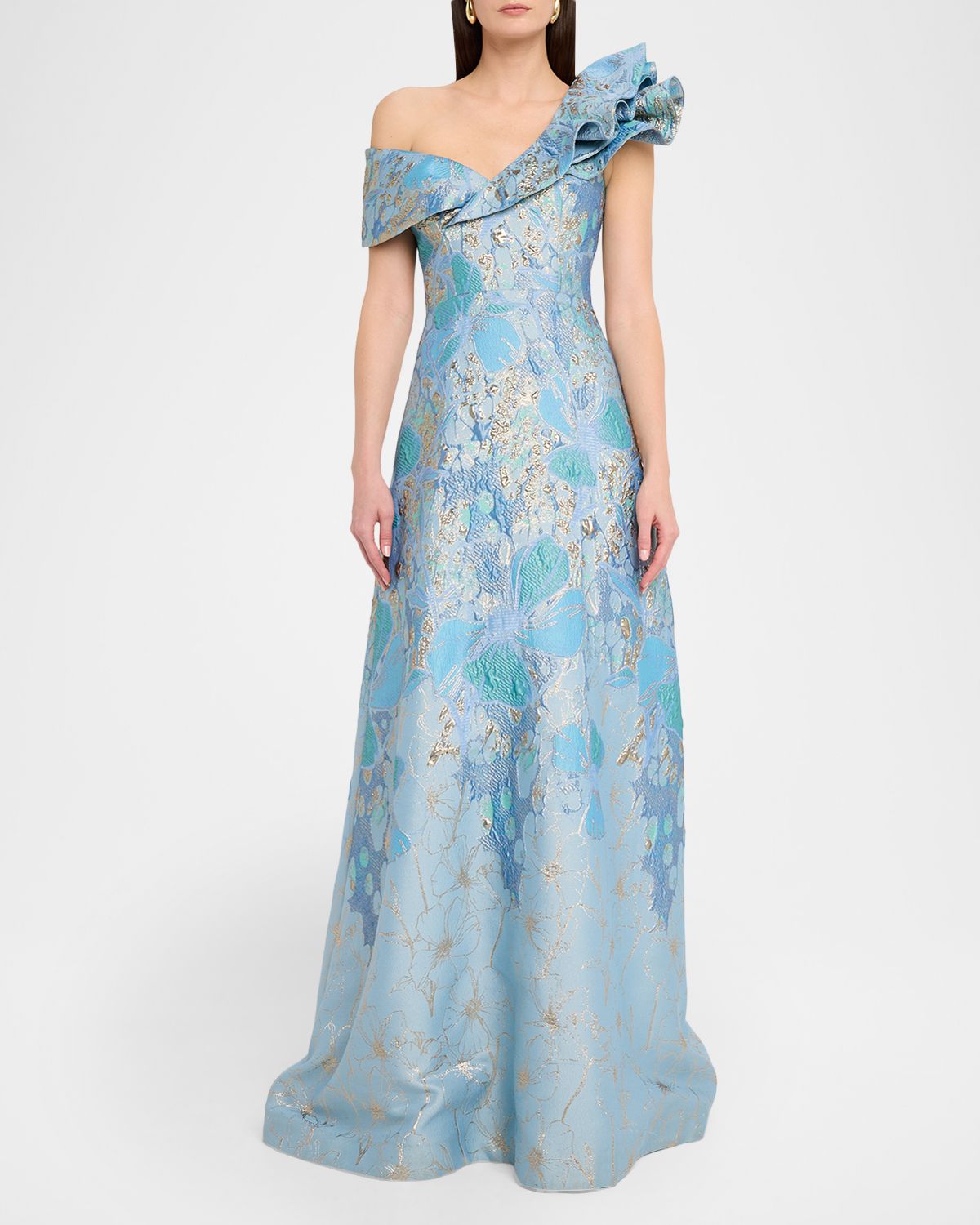 Rickie Freeman for Teri Jon One-Shoulder Metallic Jacquard Gown