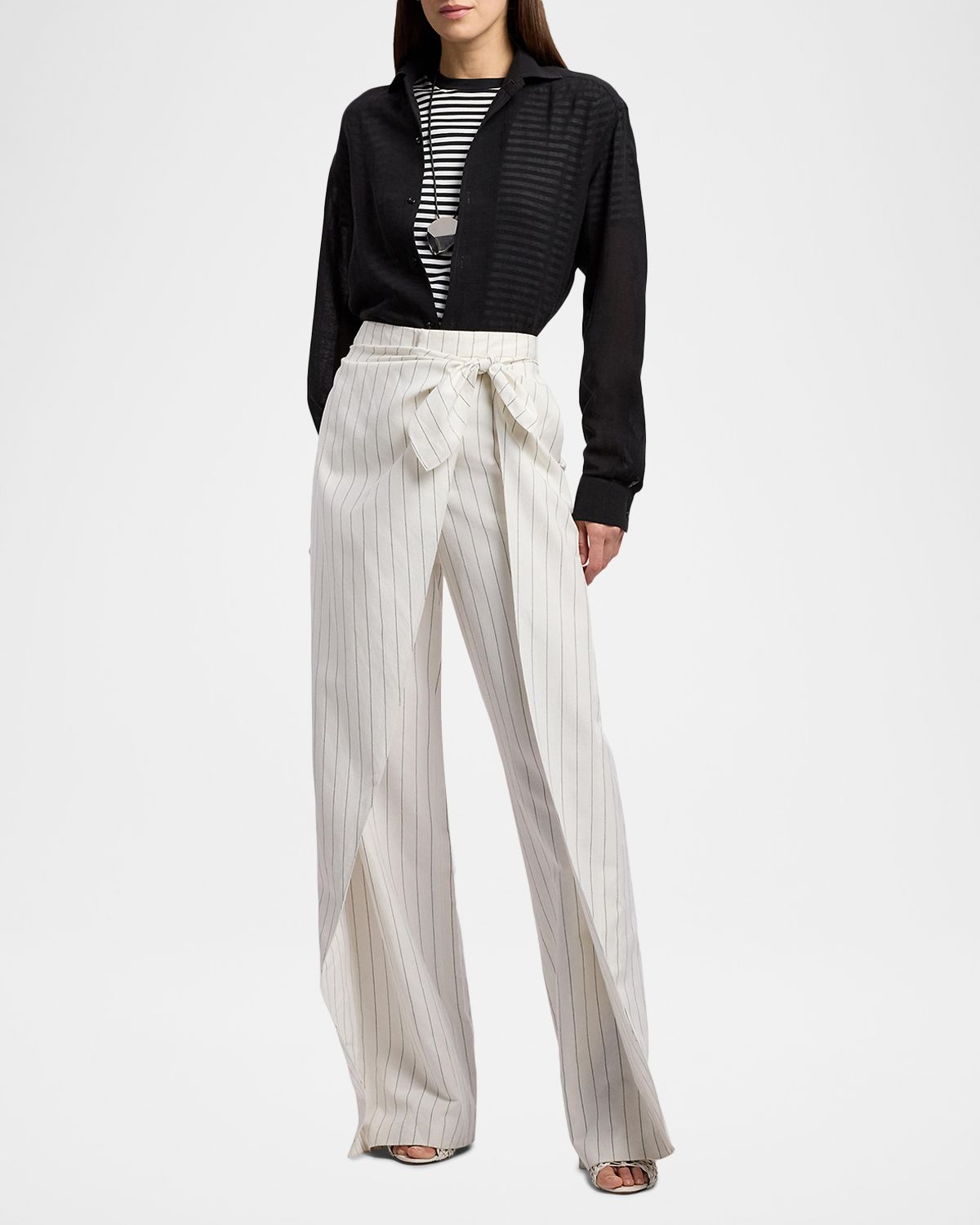 Ralph Lauren Collection Pinstripe Linen Straight-Leg Sarong Pants