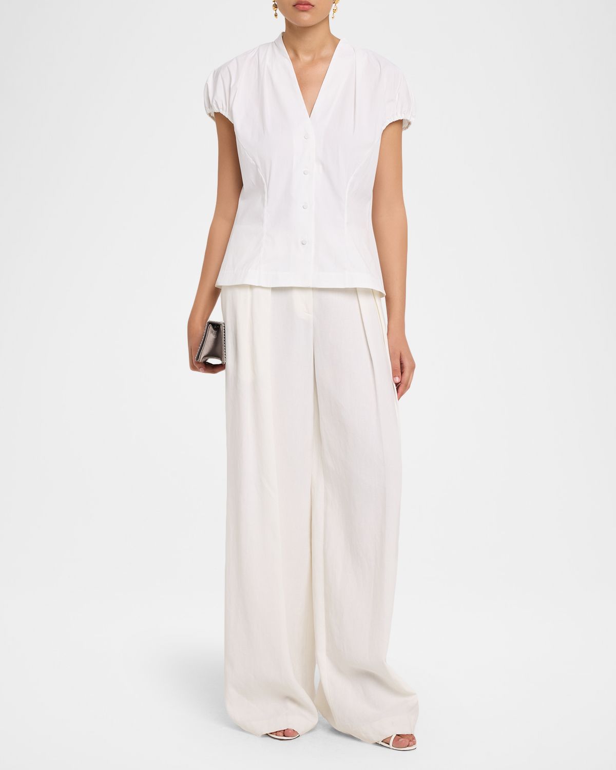 Lela Rose V-Neck Cotton Poplin Button-Down Shirt