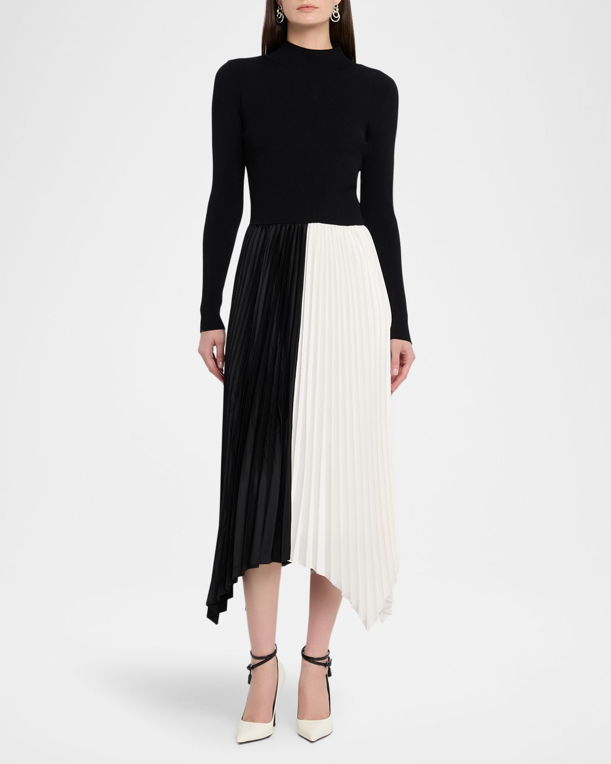 Elie Tahari Elsa Colorblocked Pleated Asymmetric Midi-Dress