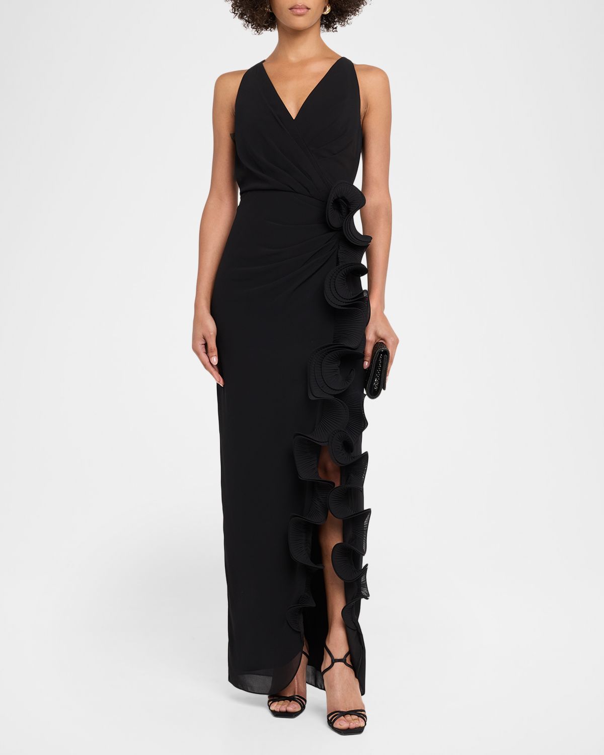 Badgley Mischka Ruffle-Trim Georgette Column Gown