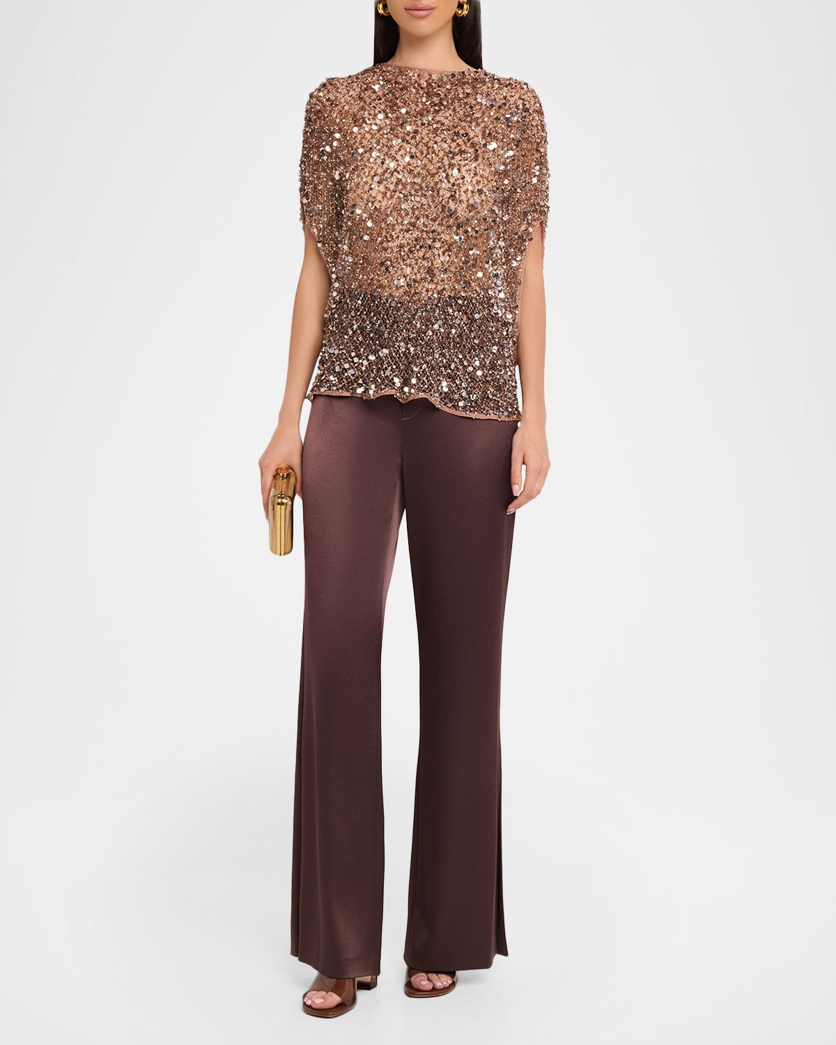 LAPOINTE Sequined Net Mesh Cap-Sleeve Top