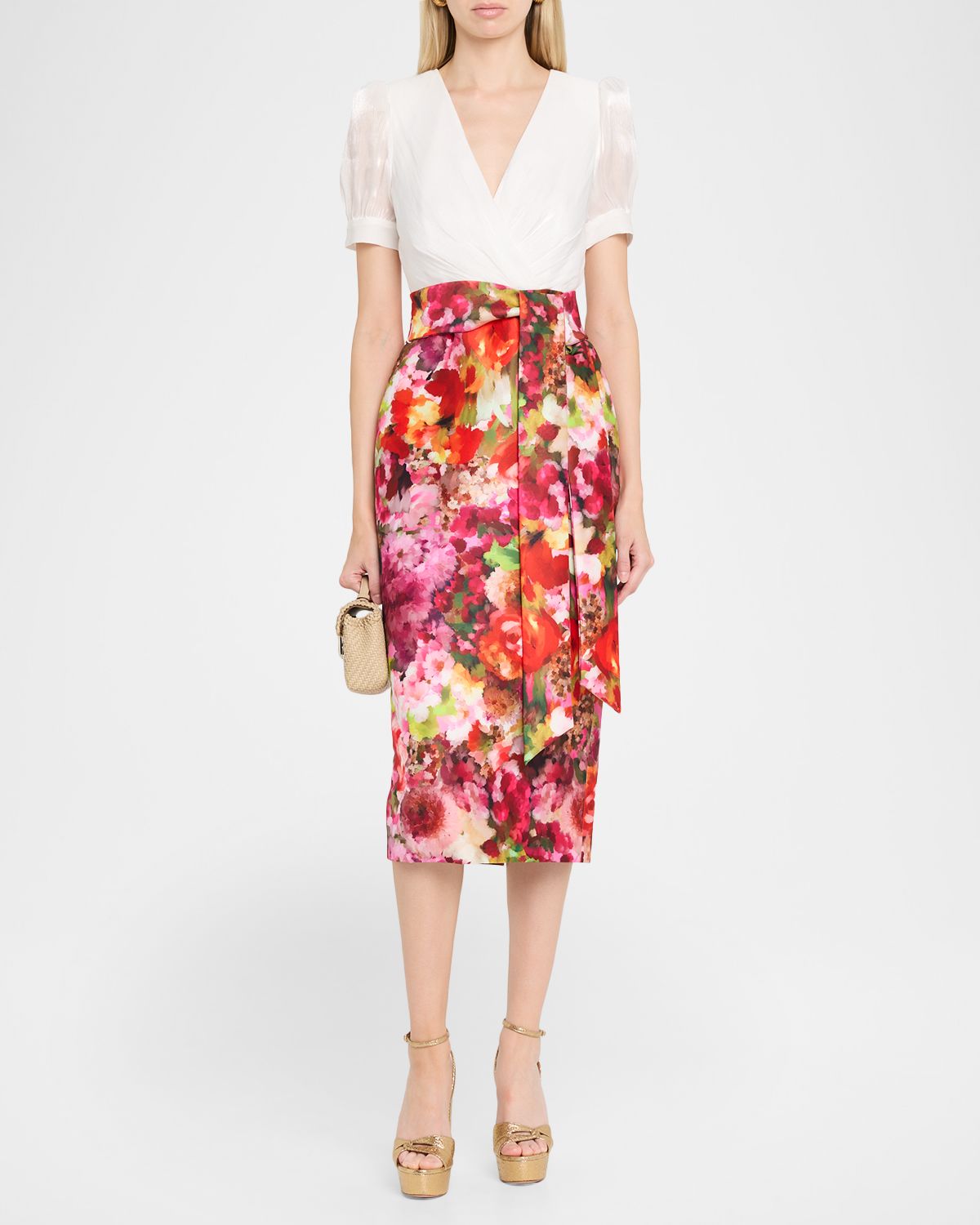 Badgley Mischka Chiffon and Floral-Print Mikado Midi Sheath Dress