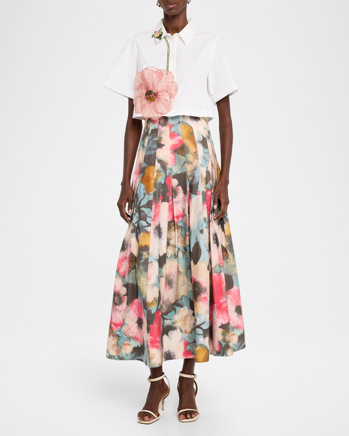 Lela Rose Peony Embroidered Crop Button-Down Shirt