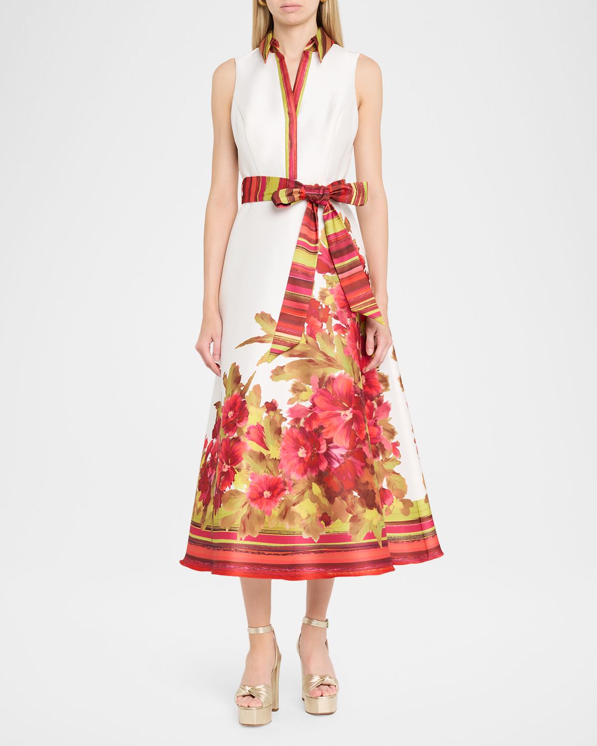 Badgley Mischka Sleeveless Floral-Print Mikado Midi Dress