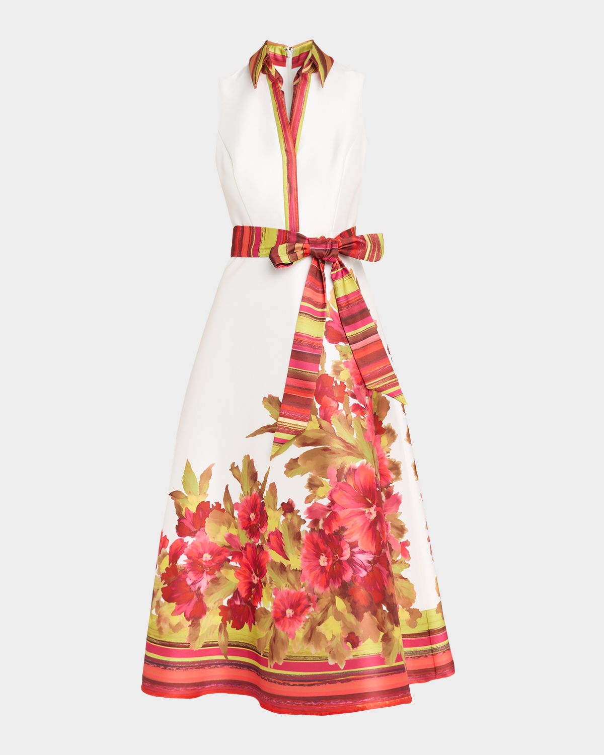 Badgley Mischka Sleeveless Floral-Print Mikado Midi Dress