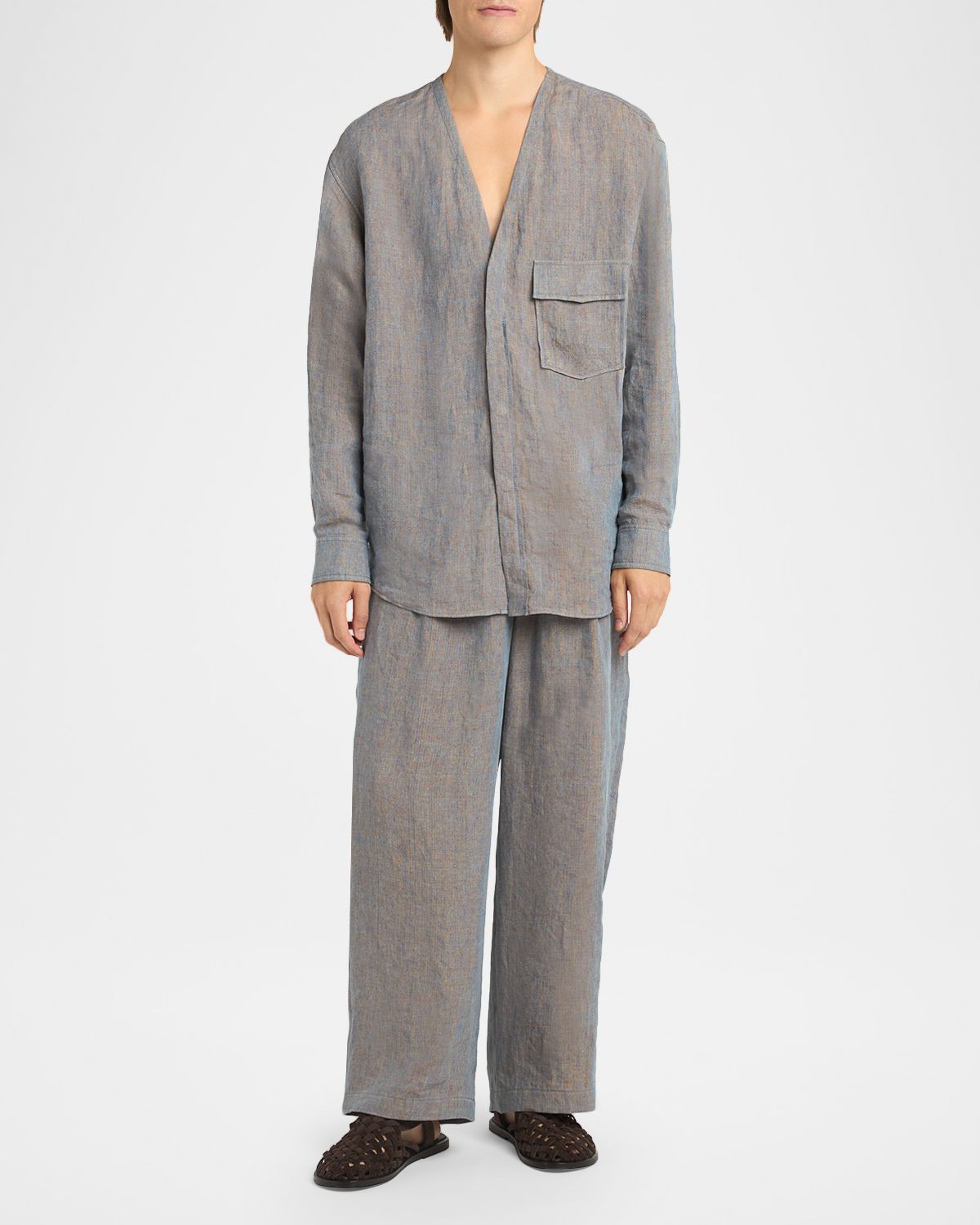 Giorgio Armani Men 's Linen Relaxed V-Neck Button Down Shirt