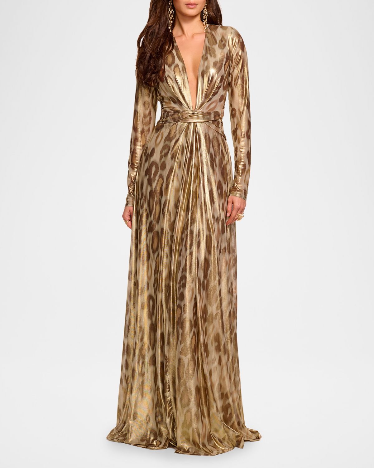 Ramy Brook Martini Plunging Metallic Animal-Print Gown