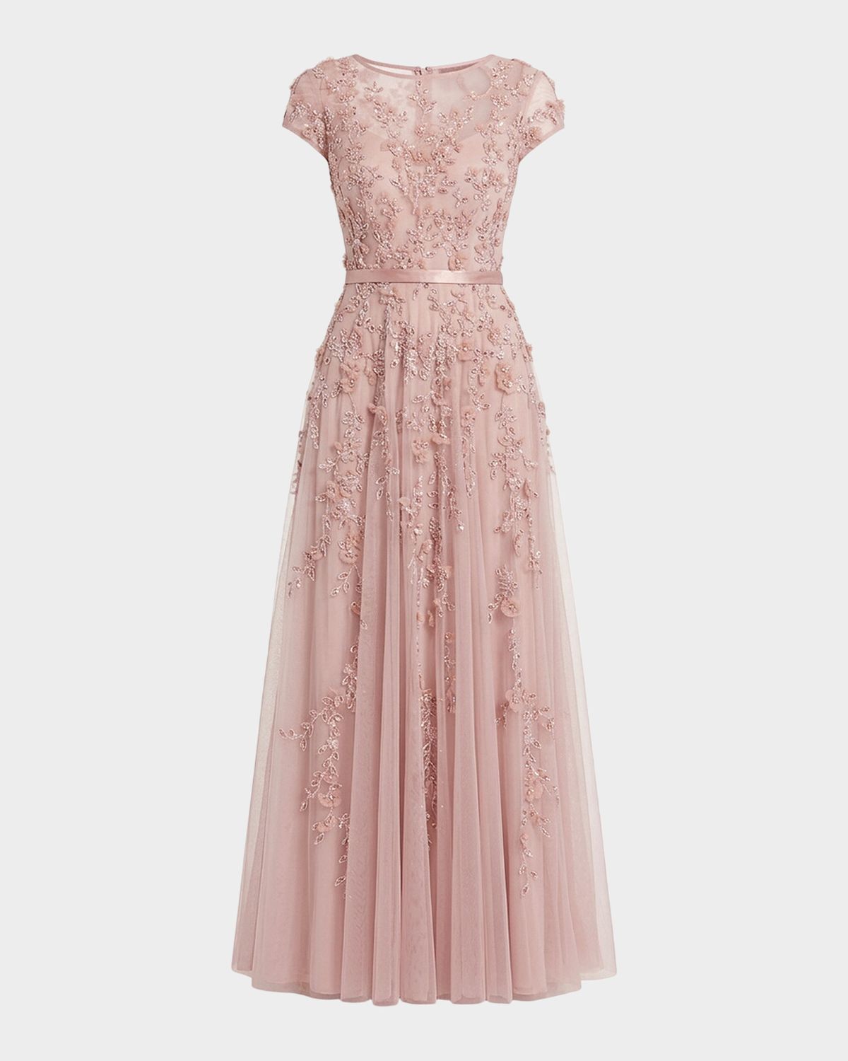 Mac Duggal Floral Applique Cap-Sleeve A-Line Gown