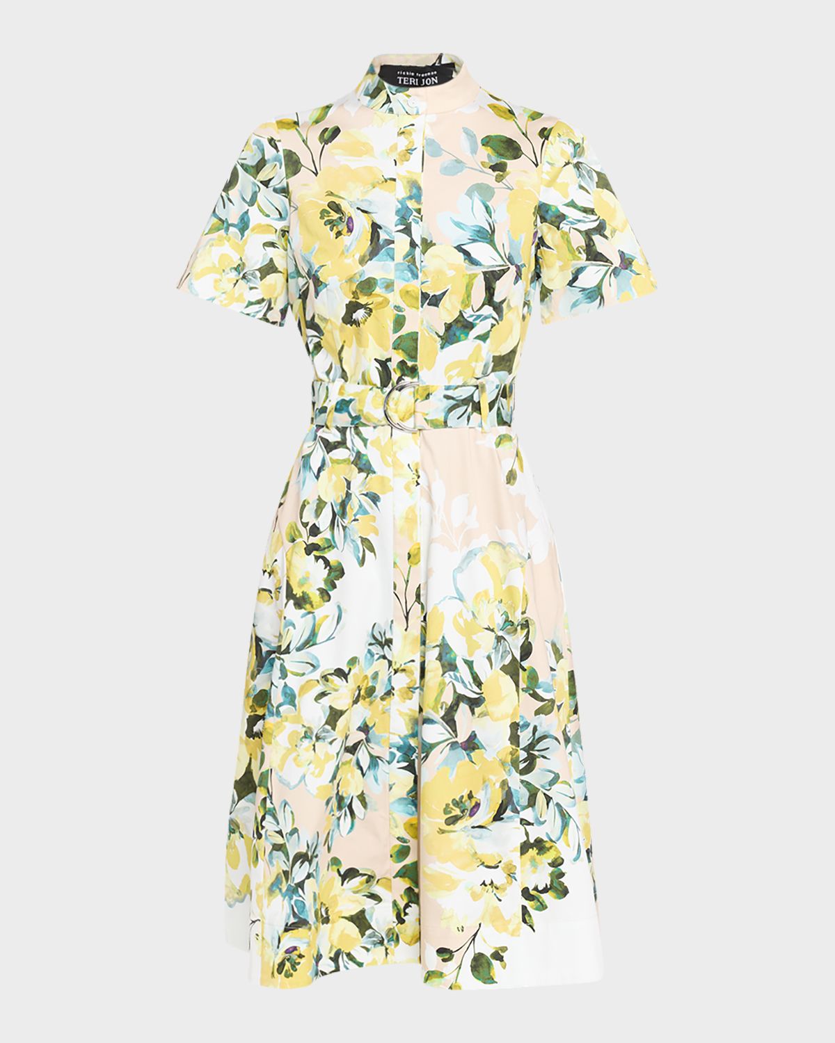 Rickie Freeman for Teri Jon Belted Floral-Print Cotton Midi Shirtdress