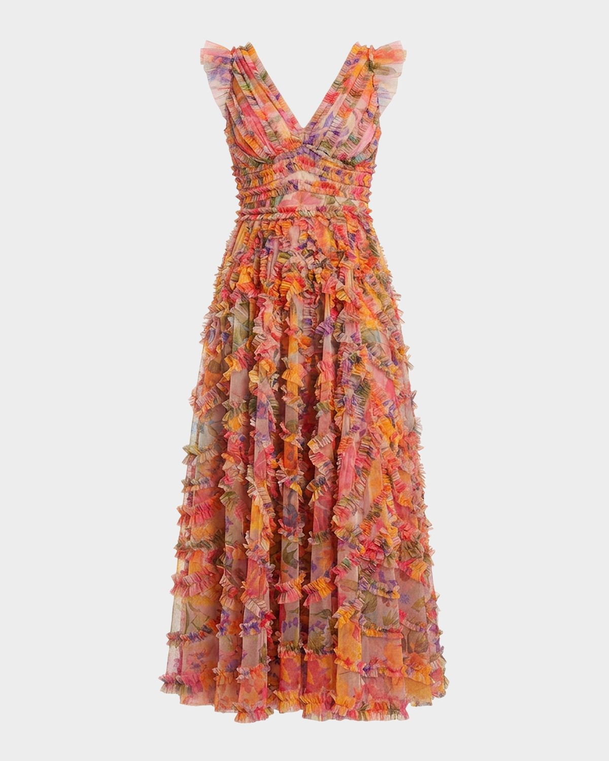 Mac Duggal Floral Ruffle Cap-Sleeve Maxi Dress