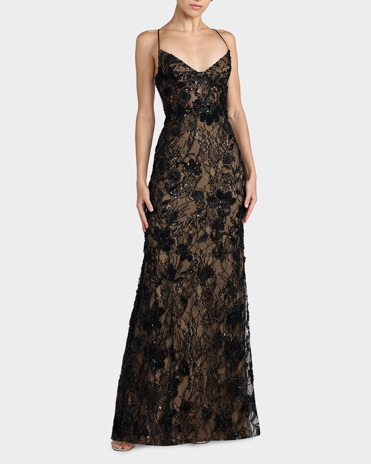 Mac Duggal Embellished Floral Lace Open Back Gown