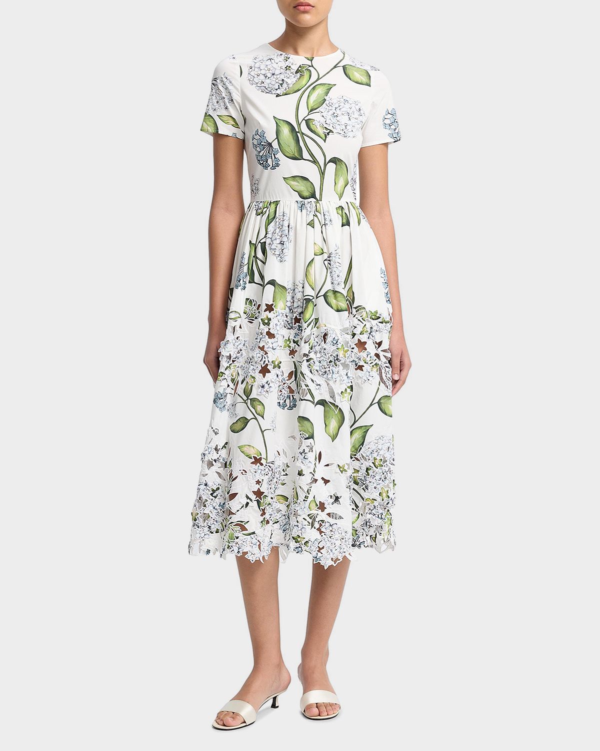 Oscar de la Renta Short-Sleeve Porcelain Flower Embroidered Midi Dress
