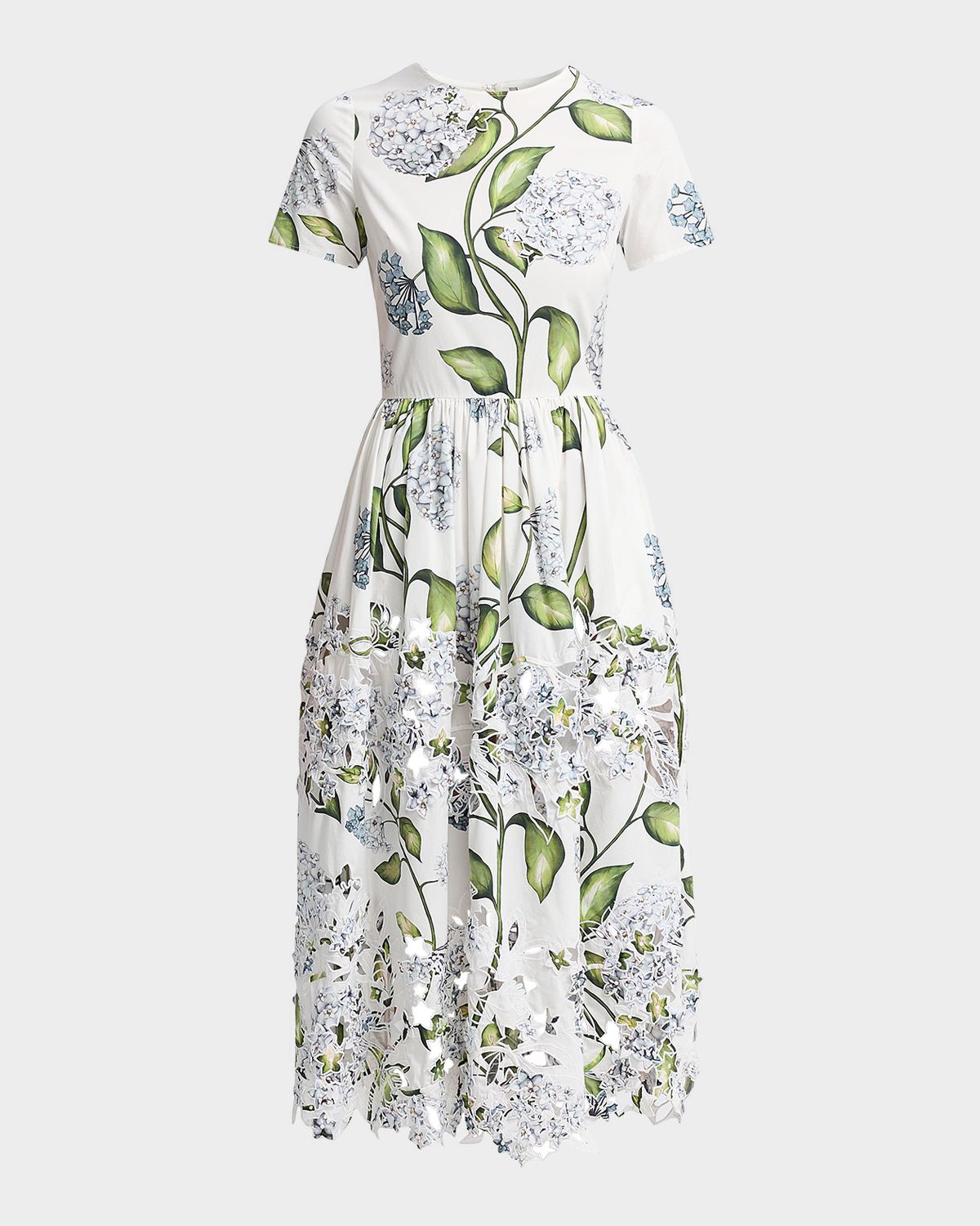 Oscar de la Renta Short-Sleeve Porcelain Flower Embroidered Midi Dress