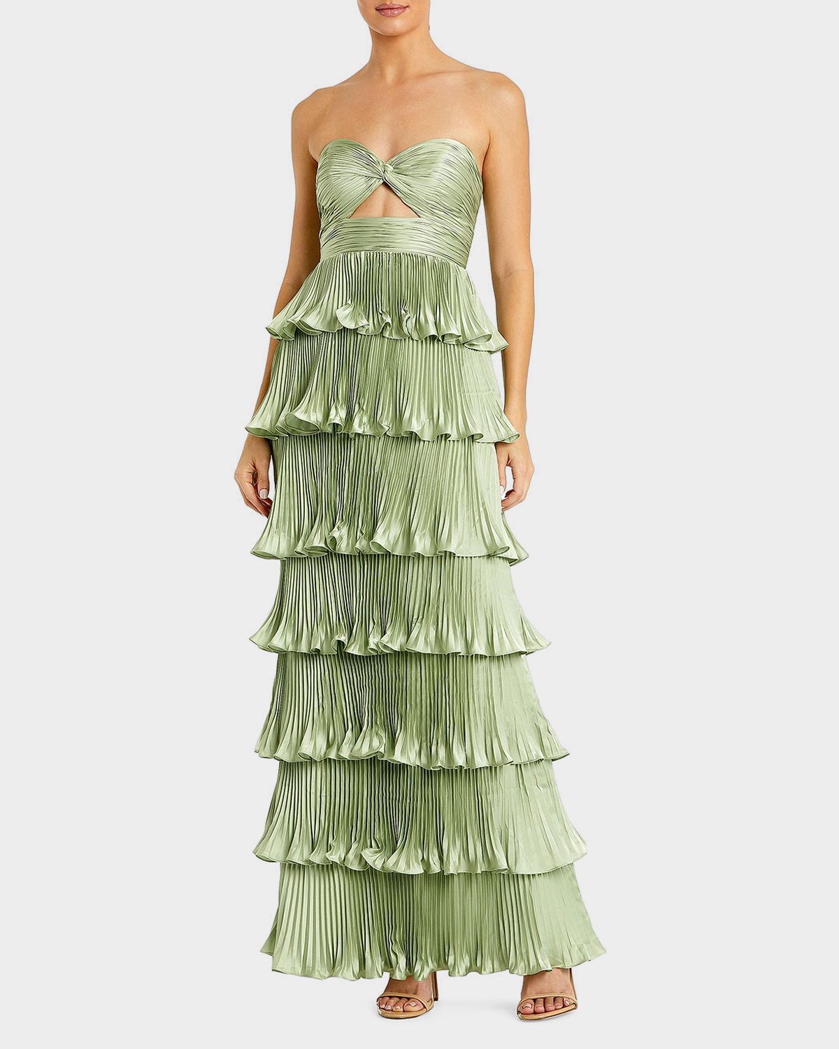 Mac Duggal Ieena Pleated Charmeuse Strapless Tiered Ruffle Gown