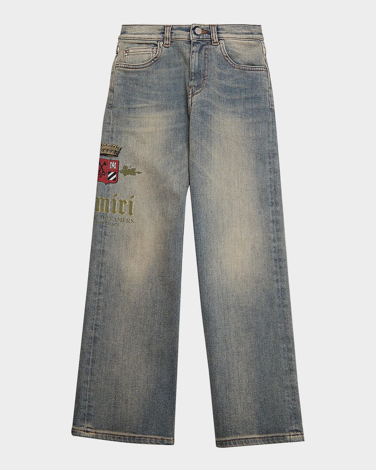 Amiri Kid 's Chateau Crest Embroidered Denim Jeans, Size 4-12