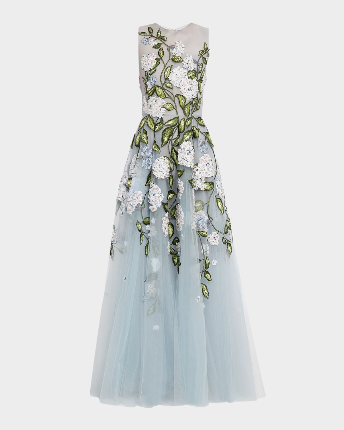 Oscar de la Renta Sleeveless Porcelain Flower Embroidered Tulle Gown