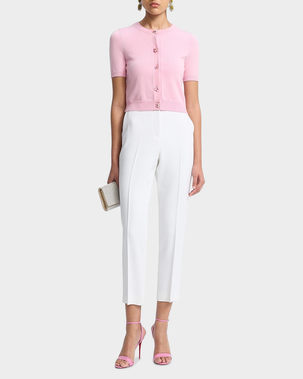 Oscar de la Renta Short-Sleeve Flower-Button Crewneck Cardigan
