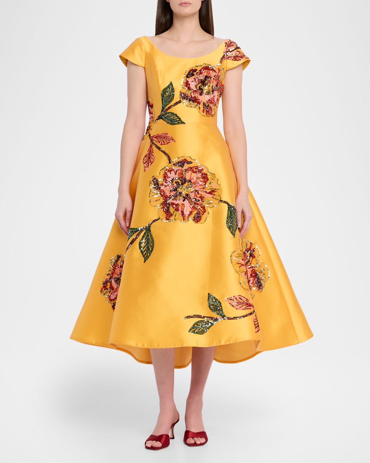 Amsale Floral Embellished Mikado Tea-Length Dress