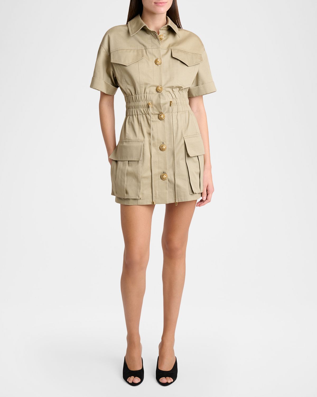Balmain Short-Sleeve Buttoned Mini Safari Dress