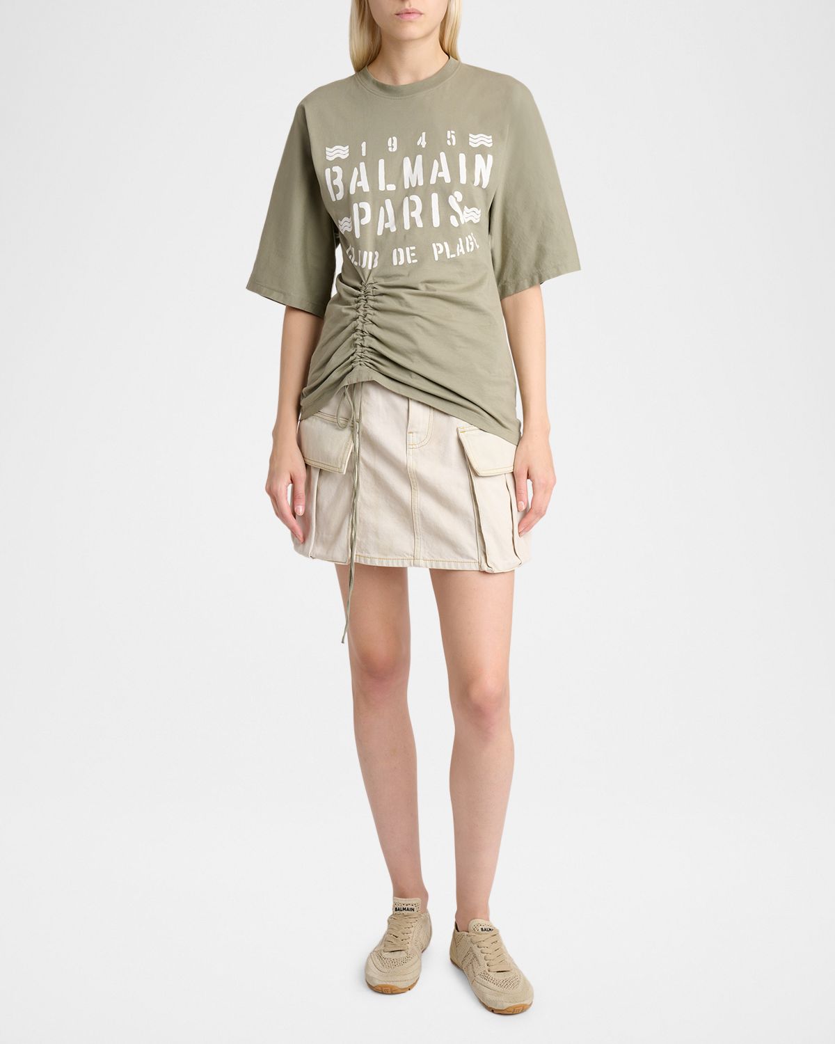Balmain Logo-Print Ruched Short-Sleeve T-Shirt