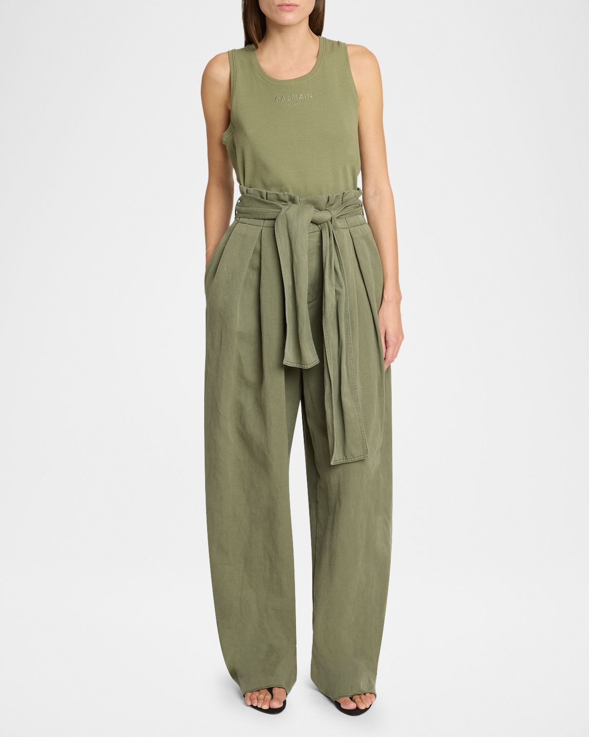 Balmain Belted Twill Straight-Leg Paperbag Pants