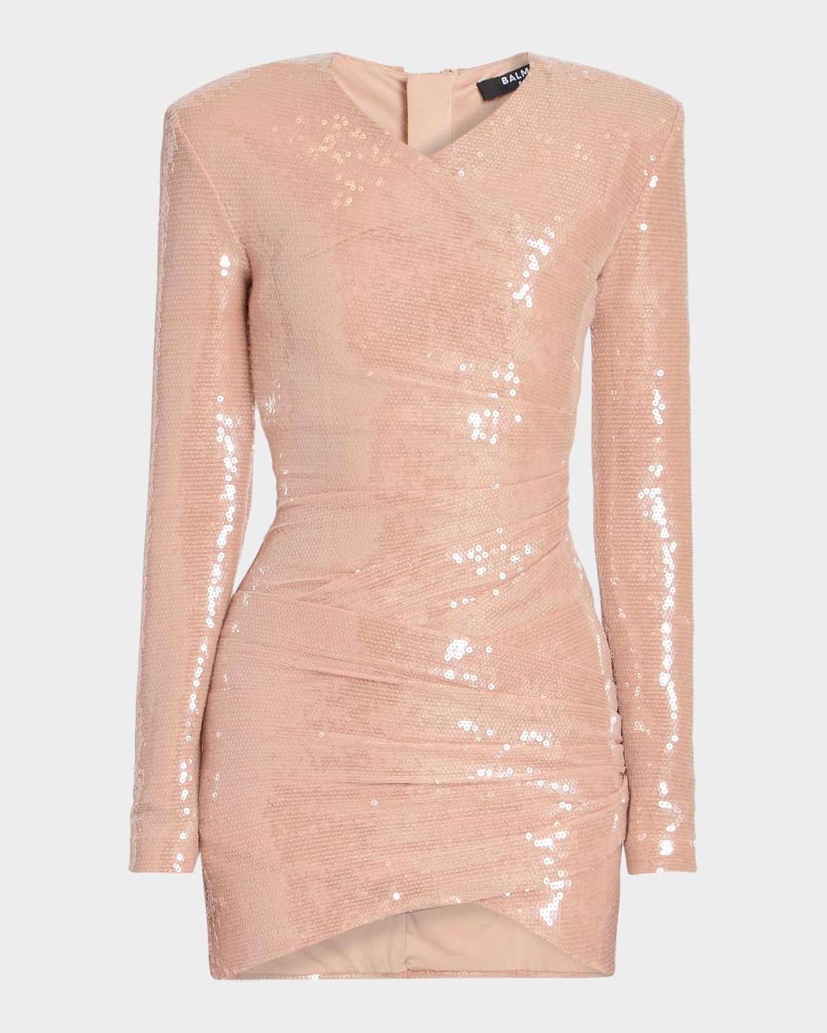 Balmain Sequined Long-Sleeve Draped Bodycon Mini Dress