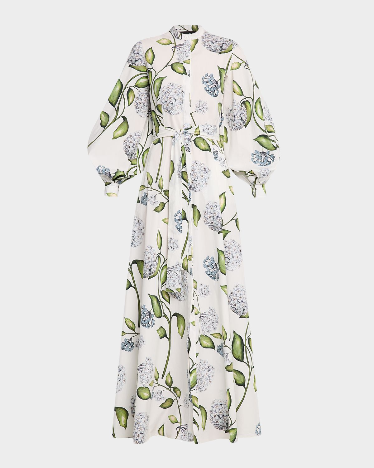 Oscar de la Renta Long-Sleeve Porcelain Flower Cotton Poplin Maxi Shirtdress