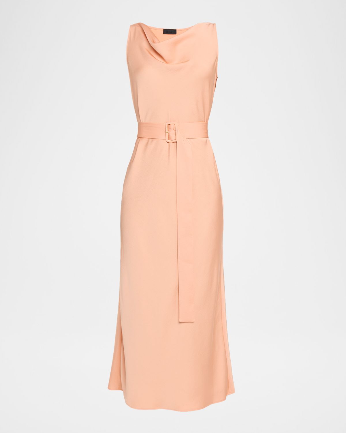 LAPOINTE Lightweight Satin Cowl-Neck Belted Midi Dress